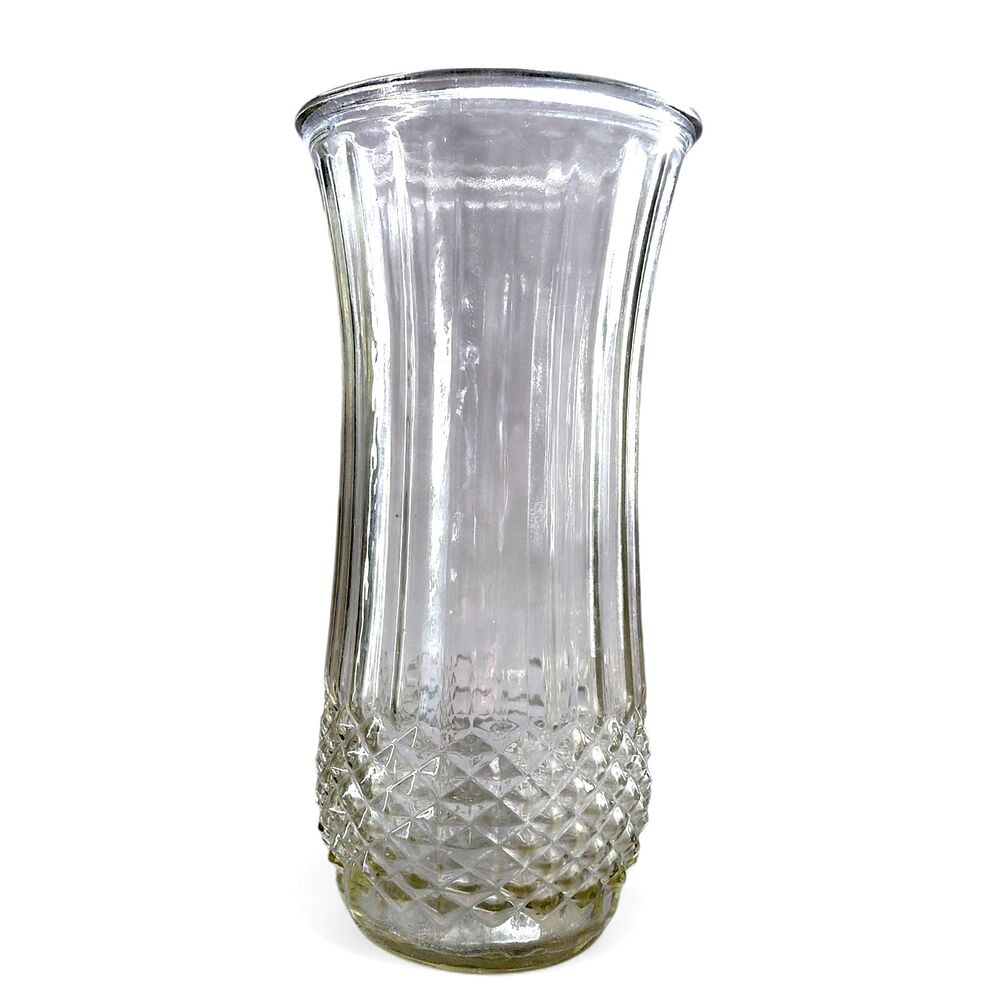 Hoosier 4089-A Clear Glass Vase 10" Ribbed Diamond Quilted Flower Vase
